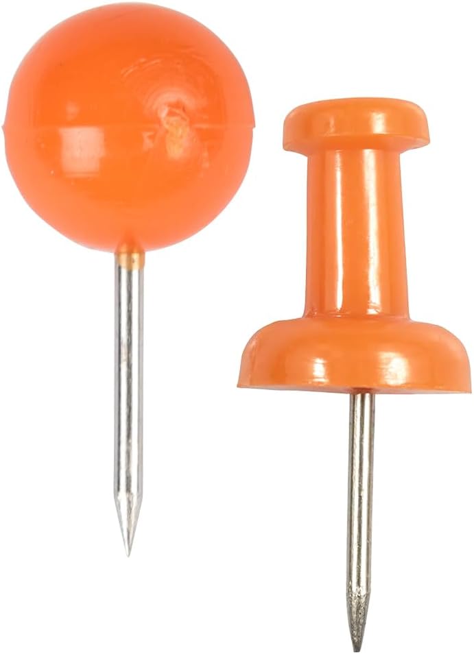 JAM PAPER Colorful Push Pins - Flat & Round Head Thumb Tack Combo Set - Orange Pushpins - 200/Pack