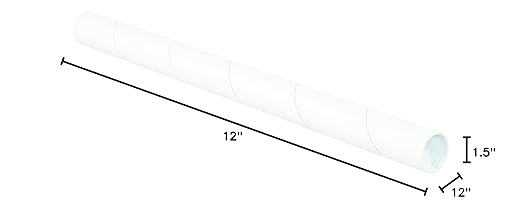 BOX USA BP1512W Mailing Tubes with Caps, 1-1/2" x 12", White (Pack of 50)