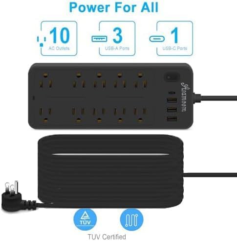25 FT Power Strips with Surge Protection 1625W/13A,10 Outlets with 4 USB Ports (1 USB C) Long Extension Cord with Multiple Outlets 14-in-1 1700J 16Awg Flat Plug Power Strip Protector Black ETL Listed