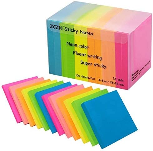 (12 Pack) ZCZN Sticky Notes 3x3 Inches, 1200 Sheets 6 Bright Color Self-Stick Note Pads, Easy to Post for Office, Home, Meeting, School