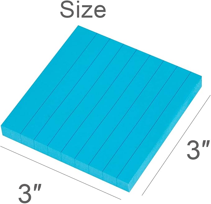 Lined Sticky Notes 3x3 Inches, Bright Blue Ruled Self-Stick Pads, Easy to Post for Home, Office, Notebook, 8 Pads/Pack
