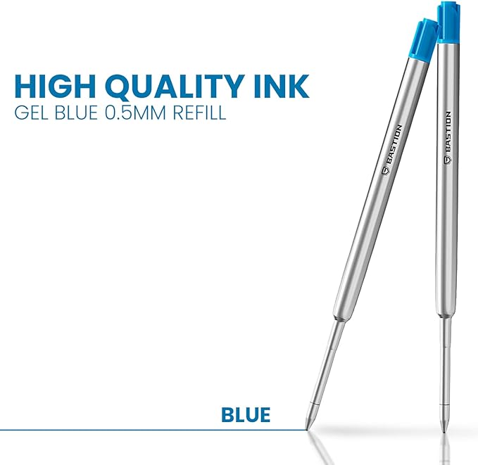 BASTION® Premium Pen Refill, Deeply Pigmented Ink for All Bastion Bolt Action Luxury Pens, Standard Ink Refill with 0.55mm Fine Tip - Blue Gel, 2 PCs