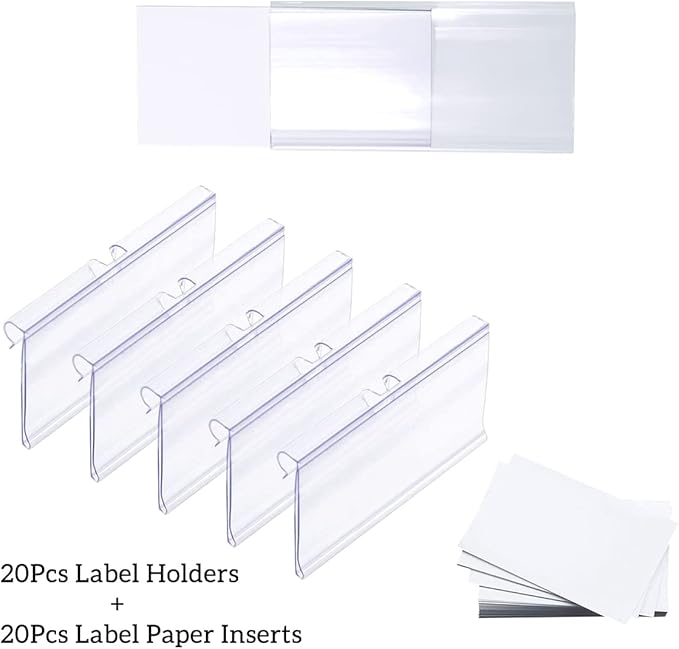 Diteje 20 Pack Plastic Wire Shelf Label Holder,Shelving Rack Retail Sign Hook Labels Clip On with Paper Inserts, 3.94x1.50inch