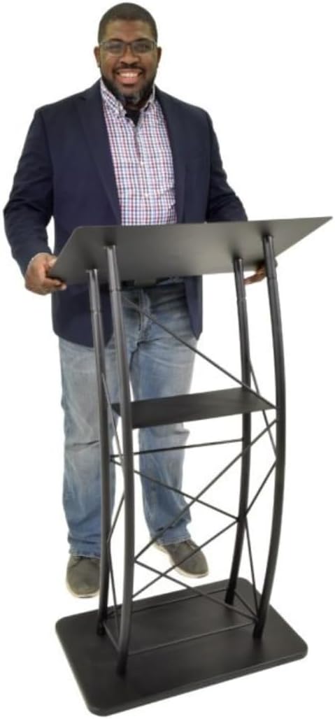 Kingdom KMLSTL Large Curved Metal Lectern with Durable Powder Coat Finish and a Built in Shelf - Black