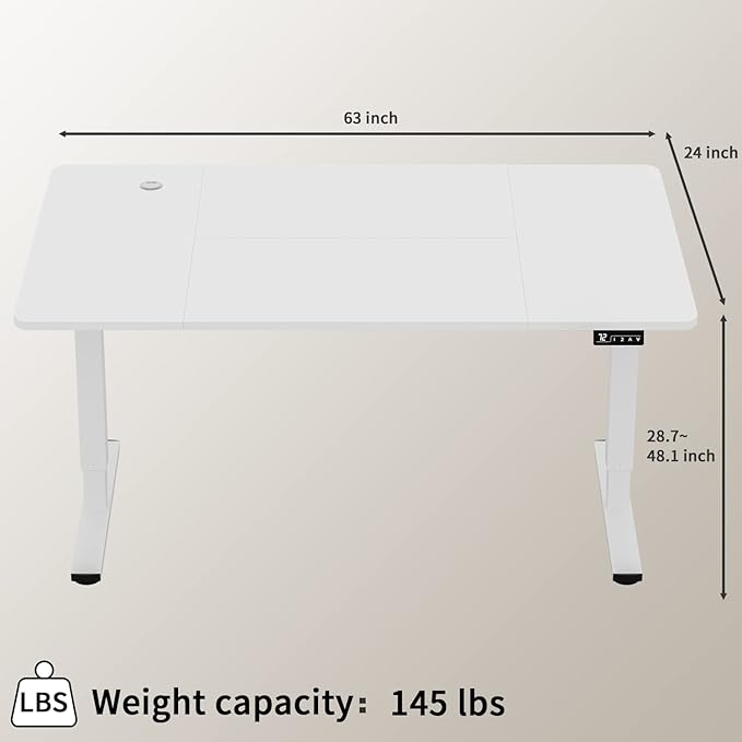 Furmax Electric Height Adjustable Standing Desk Large 63 x 24 Inches Sit Stand Up Desk Home Office Computer Desk Memory Preset with T-Shaped Metal Bracket, White