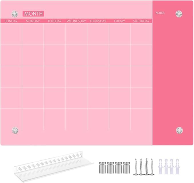 Glass Dry Erase Whiteboard, Monthly Calendar Whiteboard, Frameless Glass White Board for Home, School, Office, Pink Surface, 12" x 16"(GlassA-PK-3040)