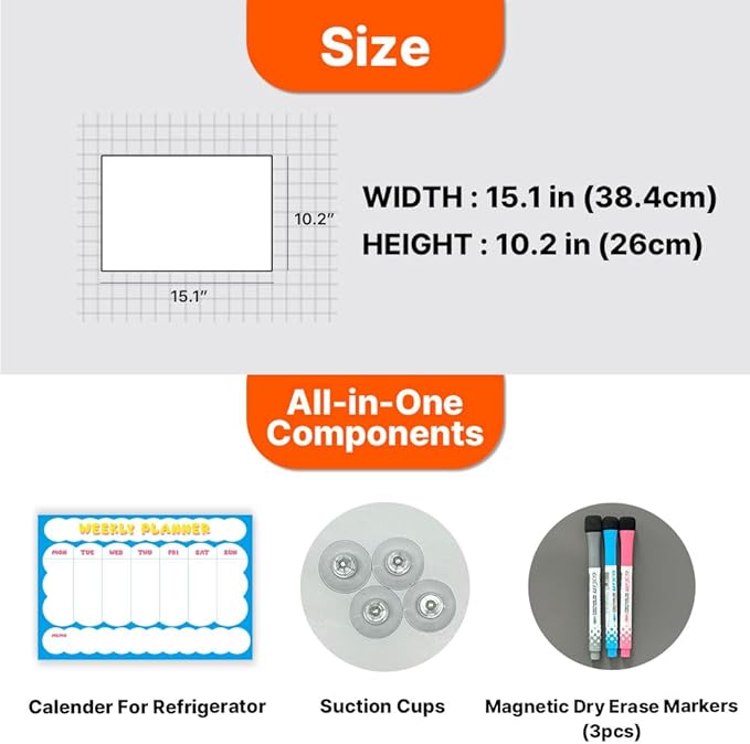 GEEKBEAR Dry Erase Refrigerator Calendar with 3 Markers - Attachable to Any Fridge with Special Suction Cups - Monthly and Weekly Designs, Acrylic - 15.7" x 10.6" (08. Cloud, Weekly)