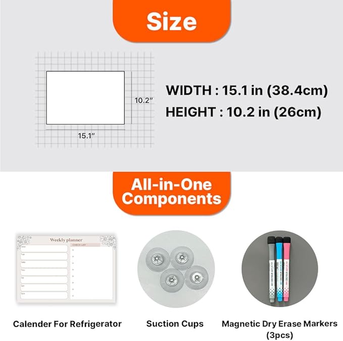 GEEKBEAR Dry Erase Refrigerator Calendar with 3 Markers - Attachable to Any Fridge with Special Suction Cups - Monthly and Weekly Designs, Acrylic - 15.7" x 10.6" (09. Flower, Weekly)