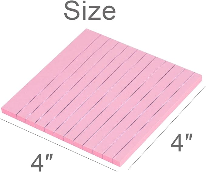 Vanpad Lined Sticky Notes 4x4 Inches, Light Pink Ruled Self-Stick Pads, Easy to Post for Home, Office, Notebook, 8 Pads/Pack