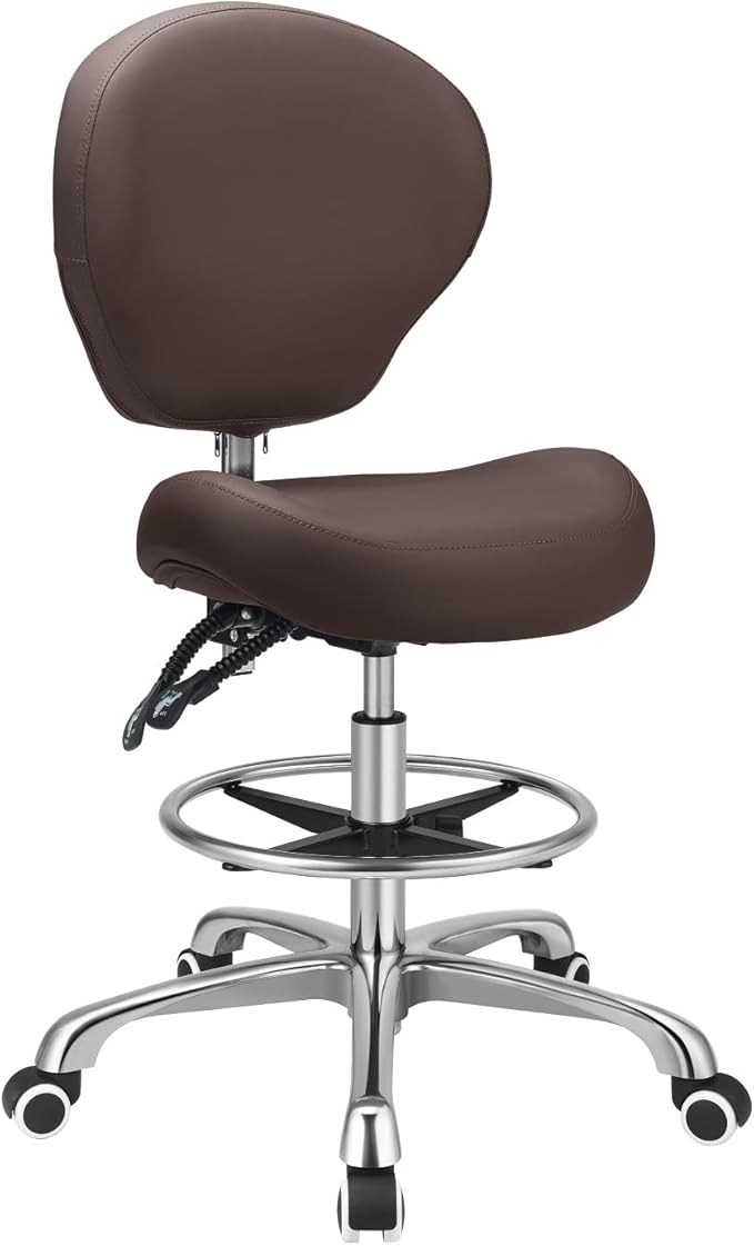 Kaleurrier Adjustable Stools Drafting Chair with Backrest & Foot Rest,Tilt Back,Swivel Seat,Rolling Wheels,for Studio,Dental,Office,Salon and Counter,Armless Tall Home Desk Chairs (Brown)