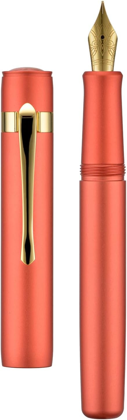 Hongdian M2 Black Forest Mini Fountain Pen, Fine Soft Golden Nib & Sleek Shape Aluminium Short Pocket Travel Pen (Orange Red)