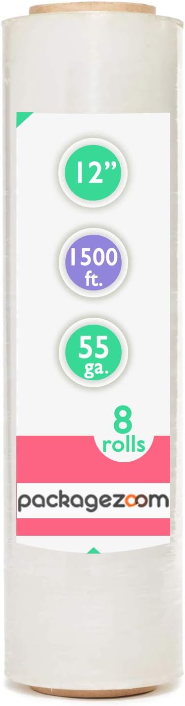 PackageZoom 8 Rolls 12" Stretch Wrap x 1500 Feet Stretch Wrap 55 Gauge Stretch Wrap Moving Supplies Stretch Wrap
