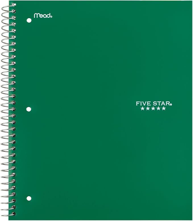 Five Star Spiral Notebook + Study App, 3 Subject, Wide Ruled Paper, 150 Sheets, 10-1/2" x 8" Sheet Size, Forest Green (73176)