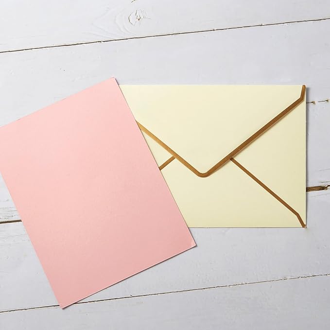 50 Pack A7 Envelopes Cream Color 5 x 7 Self-Adhesive V Flap Envelopes with Gold Border for Office, Greeting Card, Wedding, Graduation, Baby Shower, Parties, Invitations (Cream Color, 5x7)