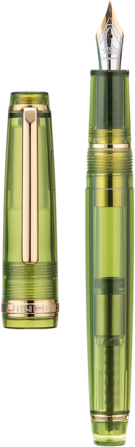 Jinhao 82 Acrylic Fountain Pen, Iridium Bent Nib with Ink Converter, Transparent Olive Green Classic Design Calligraphy Pen (Gold Trim)
