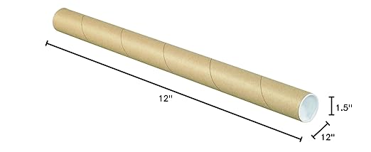 BOX USA BP1512K Mailing Tubes with Caps, 1-1/2" x 12", Kraft (Pack of 50)