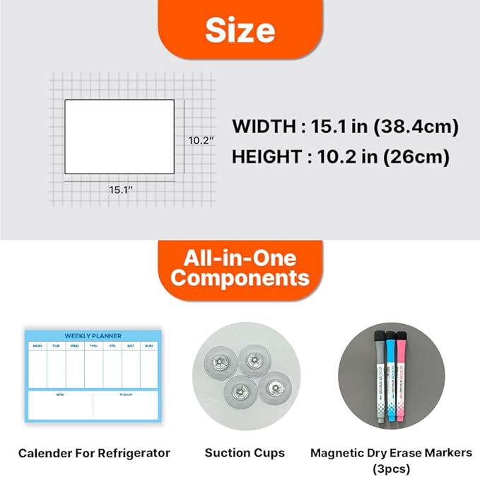 GEEKBEAR Dry Erase Refrigerator Calendar with 3 Markers - Attachable to Any Fridge with Special Suction Cups - Monthly and Weekly Designs, Acrylic - 15.7" x 10.6" (04. Modern Blue, Weekly)