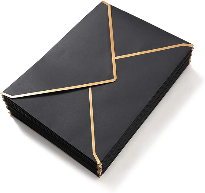 50 Pack Black A6 Envelopes 4x6 Self-Adhesive V Flap Envelopes with Gold Border for Office, Greeting Card, Wedding, Graduation, Baby Shower, Parties, Invitations (Black, 4x6)