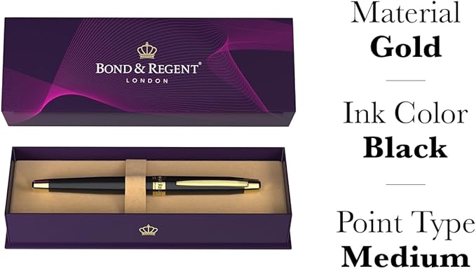 Bond & Regent Gloss Black & 24 Karat Gold - Certified Luxury Grade Rollerball Pen | Nice Gift for Men & Women