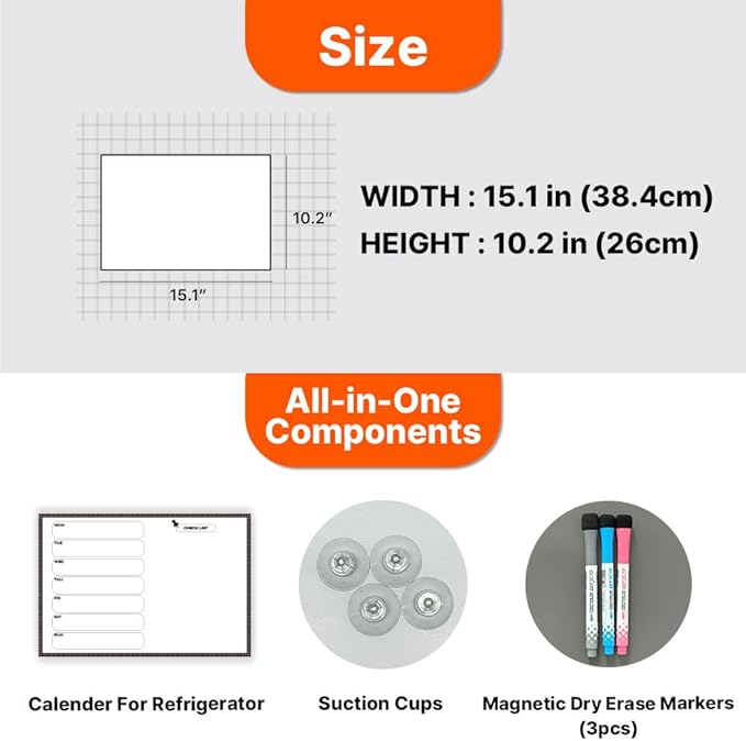 GEEKBEAR Dry Erase Refrigerator Calendar with 3 Markers - Attachable to Any Fridge with Special Suction Cups - Monthly and Weekly Designs, Acrylic - 15.7" x 10.6" (05. Black, Weekly)
