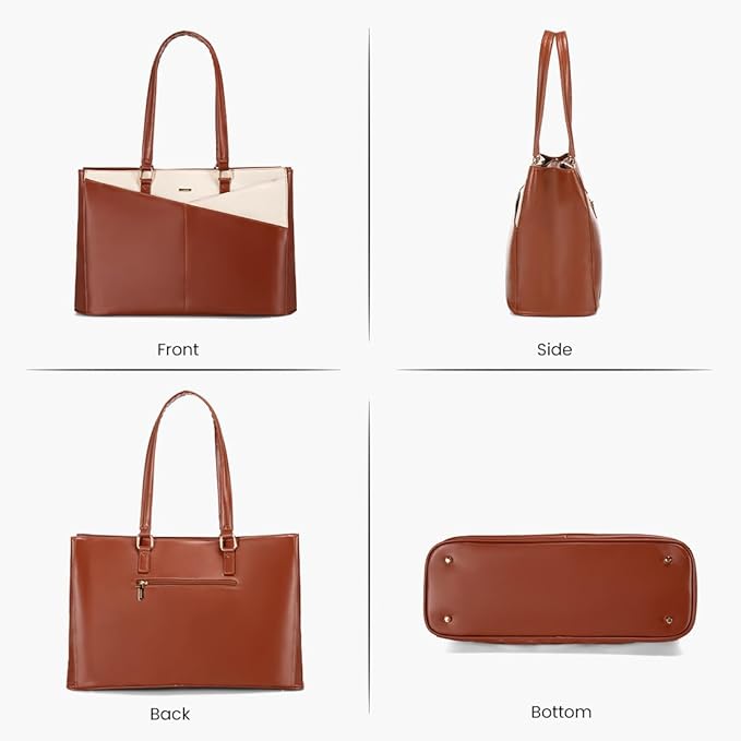 LOVEVOOK Laptop Bag for Women 15.6 Inch Tote Bags Waterproof Leather Briefcase Computer Women Business Office Work Bag,Brown-White