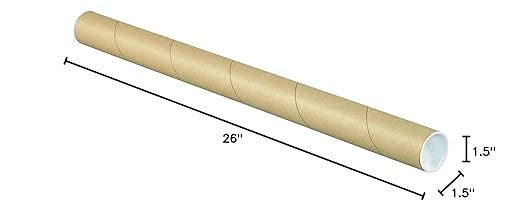 BOX USA BP1526K Mailing Tubes with Caps, 1 1/2" x 26", Kraft (Pack of 50)