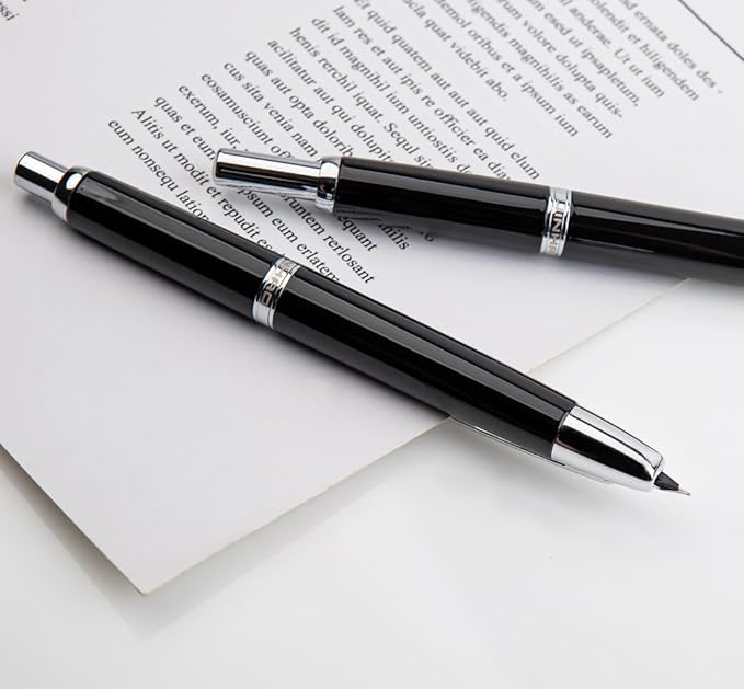 JINHAO 10 Press Fountain Pen, Retractable Metal Pen with Ink Converter (F Nib 0.5mm, Bright Black)