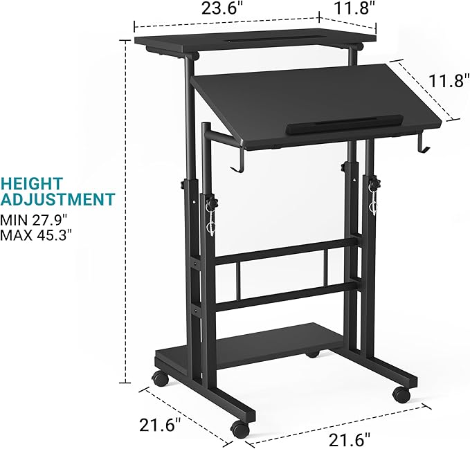 Klvied Mobile Standing Desk with Storage Bottom Shelf, Portable Stand Up Desk with Cup Holder, Adjustable Height Small Standing Desk, Rolling Desk with Wheels, Home Office Laptop Cart, Black