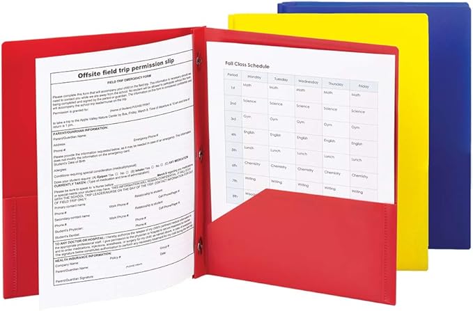Smead Poly Two-Pocket Folder, Three-Hole Punch Prong Fasteners, Letter Size, Assorted Colors, 3 per Pack (87738)