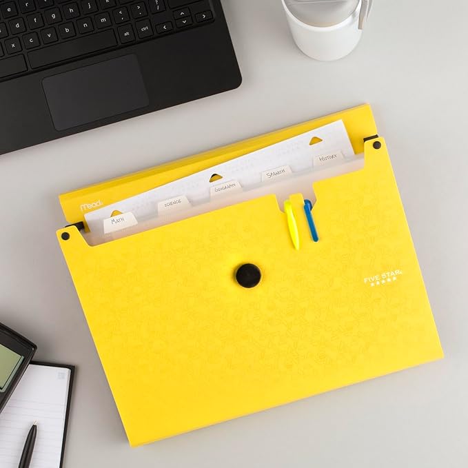 Five Star Expanding File Organizer, 6-Pocket Accordian File Organizer, Bungee Closure, Holds 11" x 8-1/2", Harvest Yellow (350100G-ECM)