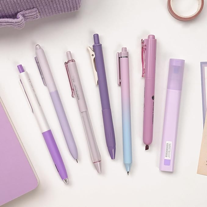 WRITECH Gel Pens Journaling Highlighters: Journal Set Aesthetic Assorted Pastel Color Ink 0.5mm Fine Point Retractable 0.7mm Black Pen Smooth Writing Drawing No Bleed 7ct (Purple)