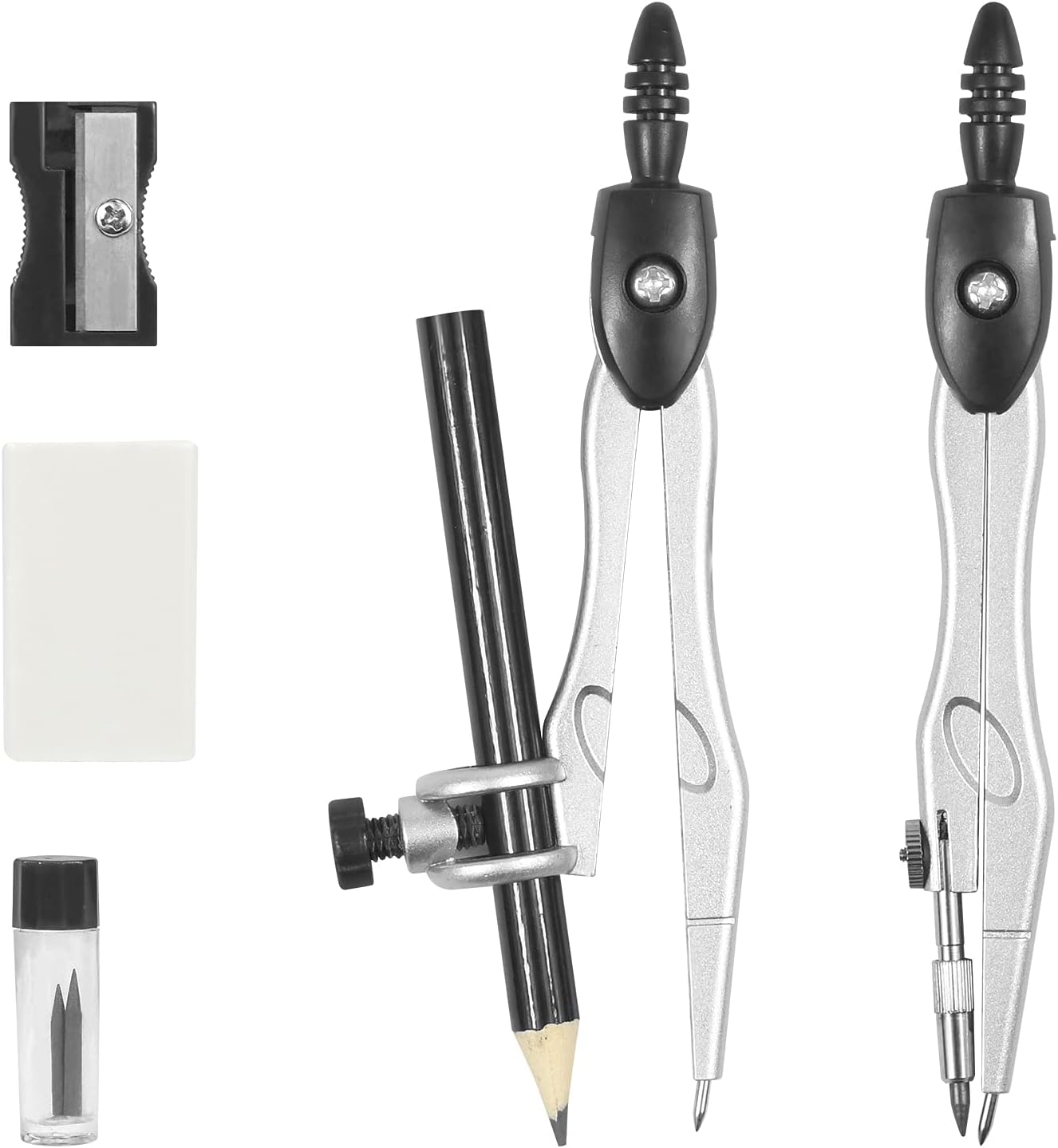 Math Geometry Kit Sets 10 Piece Student Supplies with Shatterproof Storage Box,Includes Rulers,Protractor,Compass,Eraser,Pencil Sharpener,Lead Refills,Pencil,for Drafting and Drawings(Black)