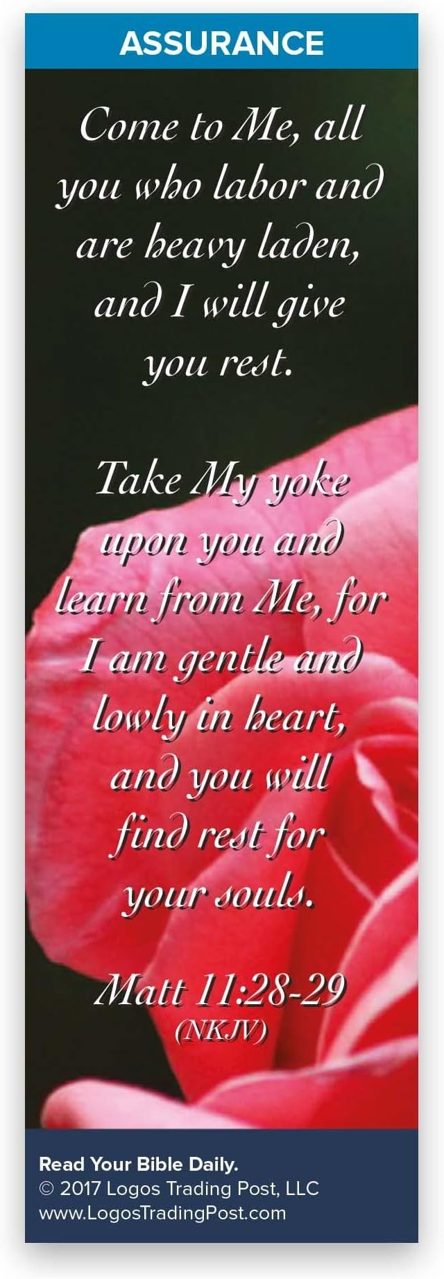 Christian Bookmark with Bible Verse, Pack of 25, Assurance Themed, Come to Me, I Will Give You Rest, Matthew 11:28-29