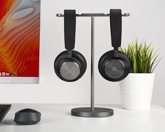 Double Headphones Stand, Aluminum Alloy Desk 3 Headsets Holder Supporting Desktop Earphone Hanger Mount Storage Rack with Heavy Base for Home and Office Display Spacegrey