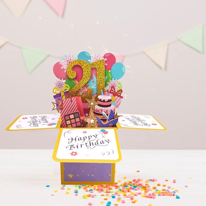Asmallgf Shiny 21st Birthday Pop Up Card for Him Her, Beautiful Birthday Gifts for 21 Years Old Female Male, Sweet Twenty-one Bday 3D Card for Men Women, Unique 21 Birthday Gift Idea for Daughter Son