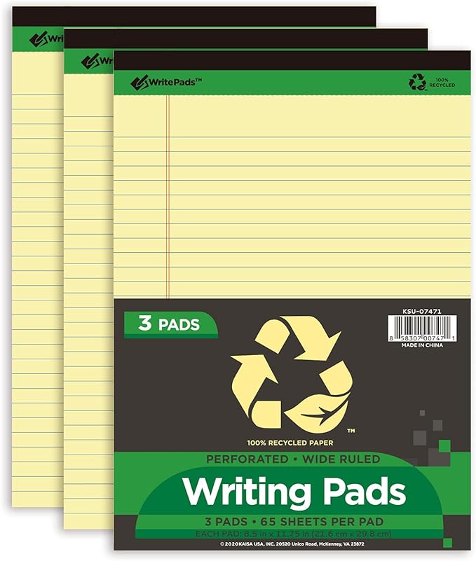 KAISA Legal Pad Writing Pads, 8.5"x11.75" Wide Ruled Legal Pad, Recycled Paper Pad, 65sheet/pad 3Pad, KSU-07471