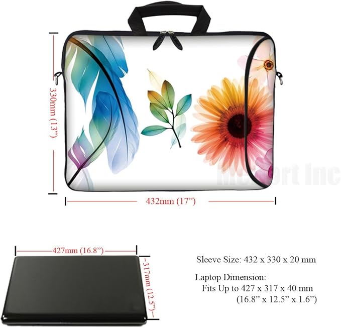 Meffort Inc 17 Inch Neoprene Laptop Bag with Extra Side Pocket, Soft Carrying Handle & Removable Shoulder Strap Fit 16" to 17.3" Size - White Flower Leaves
