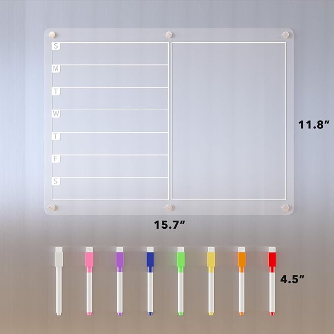 Acrylic Magnetic Meal Planner Menu Board for Kitchen Fridge w/ 8 Markers, Clear Refrigerator Weekly Dry Erase Calendar Planning Noteboard to Do/Grocery/Shopping List/Chore Chart/, 15 x 11"