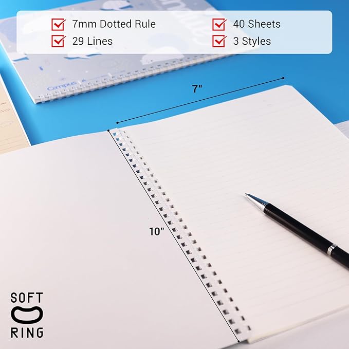 KOKUYO Spiral Notebook Journal, 3 Pack Campus B5 Soft Ring Notebooks with Dotted A 7mm Rule, 40 Sheets, Cute Animal 1 Subject Notebook in Blue Yellow Green, College Office Note Taking. Japan Import