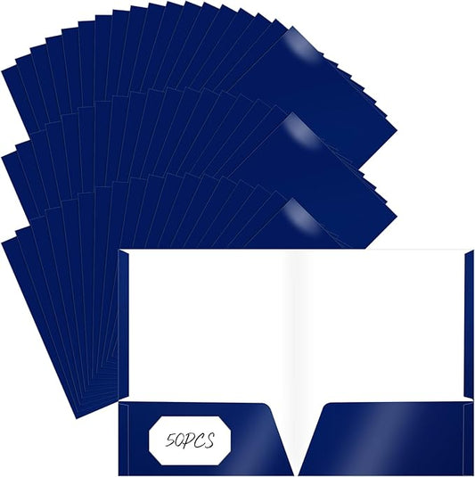 Jutom 50 Pcs 2 Pocket Glossy Paper Folders Glossy Paper Laminated Portfolios, Letter Size, Presentation Folders with Pockets for Office Teacher Worker Supplies(Blue Color)