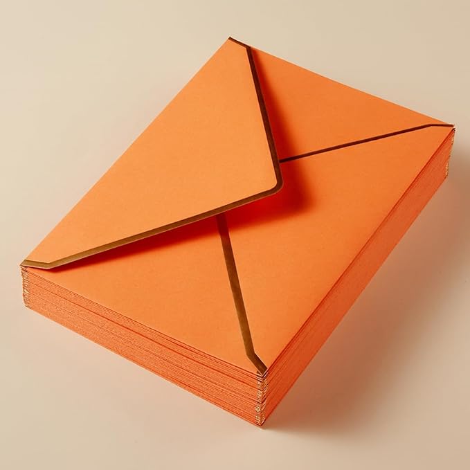 50 Pack Dark Orange A7 Envelopes 5 x 7 Self-Adhesive V Flap Envelopes with Gold Border for Office, Greeting Card, Wedding, Graduation, Baby Shower, Parties, Invitations (5x7 inches)