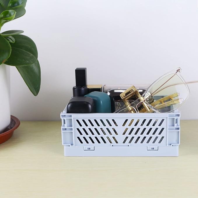 Tixill 2-Pack Mini Foldable Plastic Baskets for Organizing and Storage, Collapsible Storage Crate for Home Kitchen Bedroom Bathroom Office (5.9x3.8x2.2, Blue)