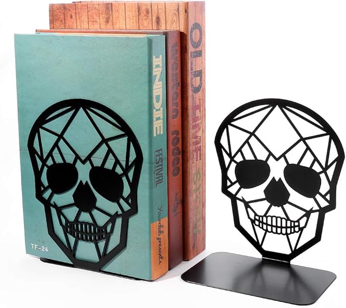 Metal Skull Design Black Bookend - Heavy-Duty Bookends for Shelves, Skull Book Ends for Heavy Books, Book Shelf Holder Home Office Decorative Desktop Organizer (1 Pair)