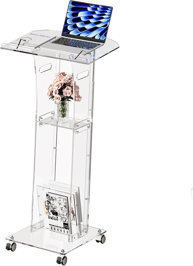 Acrylic Podium Stand,49“ Tall Portable Podium with Lockable Wheels, Clear lecterns & Podium with Storage Shelf for Classroom, Pulpit Podium for Church,Wedding,Presentation