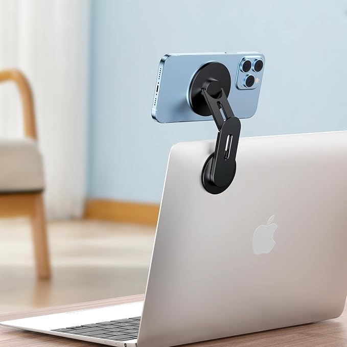 Magnetic Phone Holder for Laptop for MagSafe for iPhone 16/15/14/13/12 & All Phones, 180°Adjustable Phone Side Mount for Computer Monitor for Tesla, Desktop Cell Phone Bracket (Black)