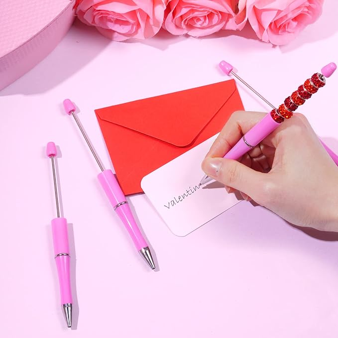 jiebor 30Pcs Pink Beadable Pens Valentines Day Plastic Bead Pen Black Ink Ballpoint Pens Diy Pens Cute Cool Pens for Teacher Bridal Graduation Gift Office Supplies