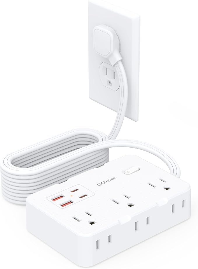 Surge Protector Power Strip with Flat Plug, 10 FT Extension Cord with 6 AC Outlets 4 USB Ports(2 USB-C),1050J Surge Protection, Wall Mountable Charging Station for Office, Home, White