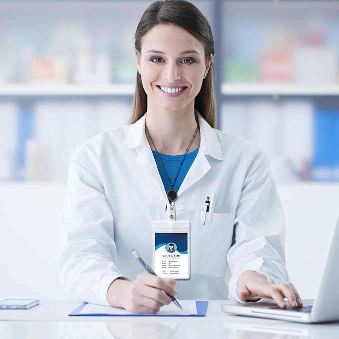 Outus 2 Pieces Badge Lanyard with ID Holders Stainless Steel Badge Holders Necklace Retractable Reel Clip Chain Water Resistant Name(Gold, Black)