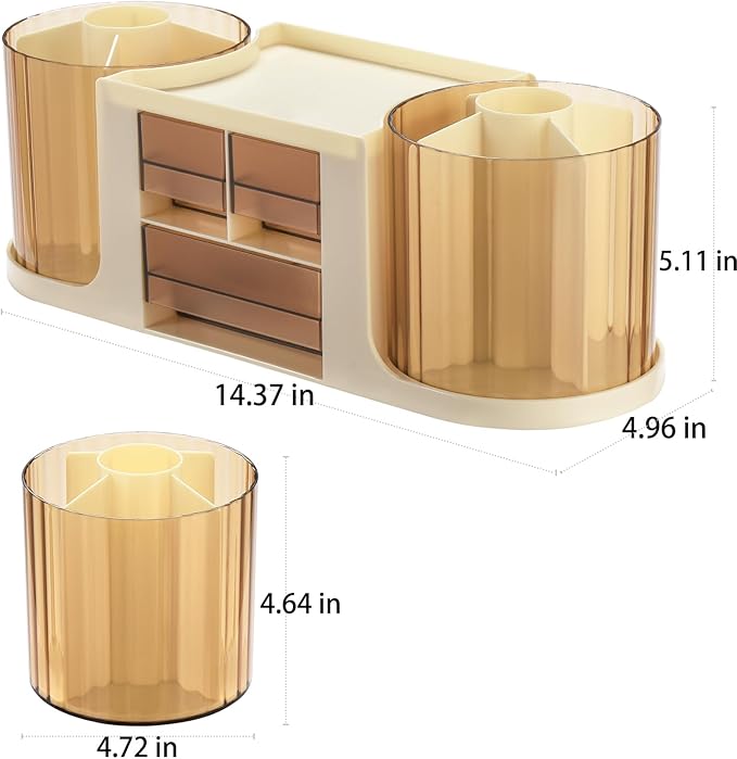 Rotating Desk Organizer with 2 Pen Holder, Desk Organizers and Accessories with 10 Slots Pencil Holder for Desk + 3 Drawer, Art Supply Storage Box Caddy for Office School Home (Beige)