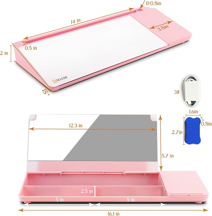 SELEAD Desktop Glass Whiteboard with Wireless Charger Station and Mirror, Desk Dry Erase Board Computer Pad Keyboard Stand with Organizer for Home, School, Office Accessories for Women, Pink